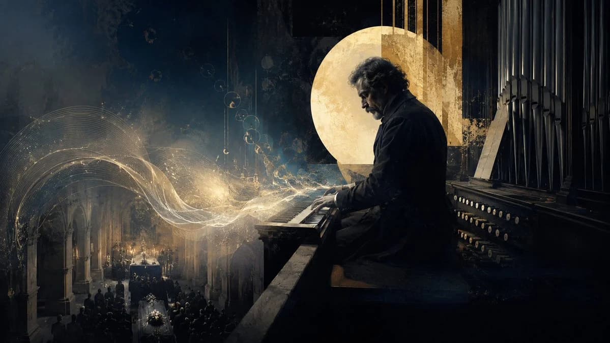 Solemn Cathedral Organist with sequential storytelling, expressive character design and cinematic panel composition