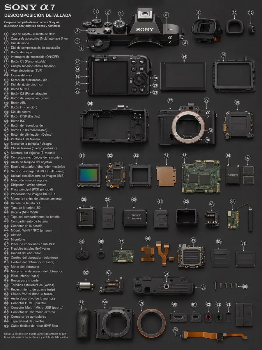 Sony A7 Exploded Diagram with separated components, labeled structure details and technical product-diagram styling