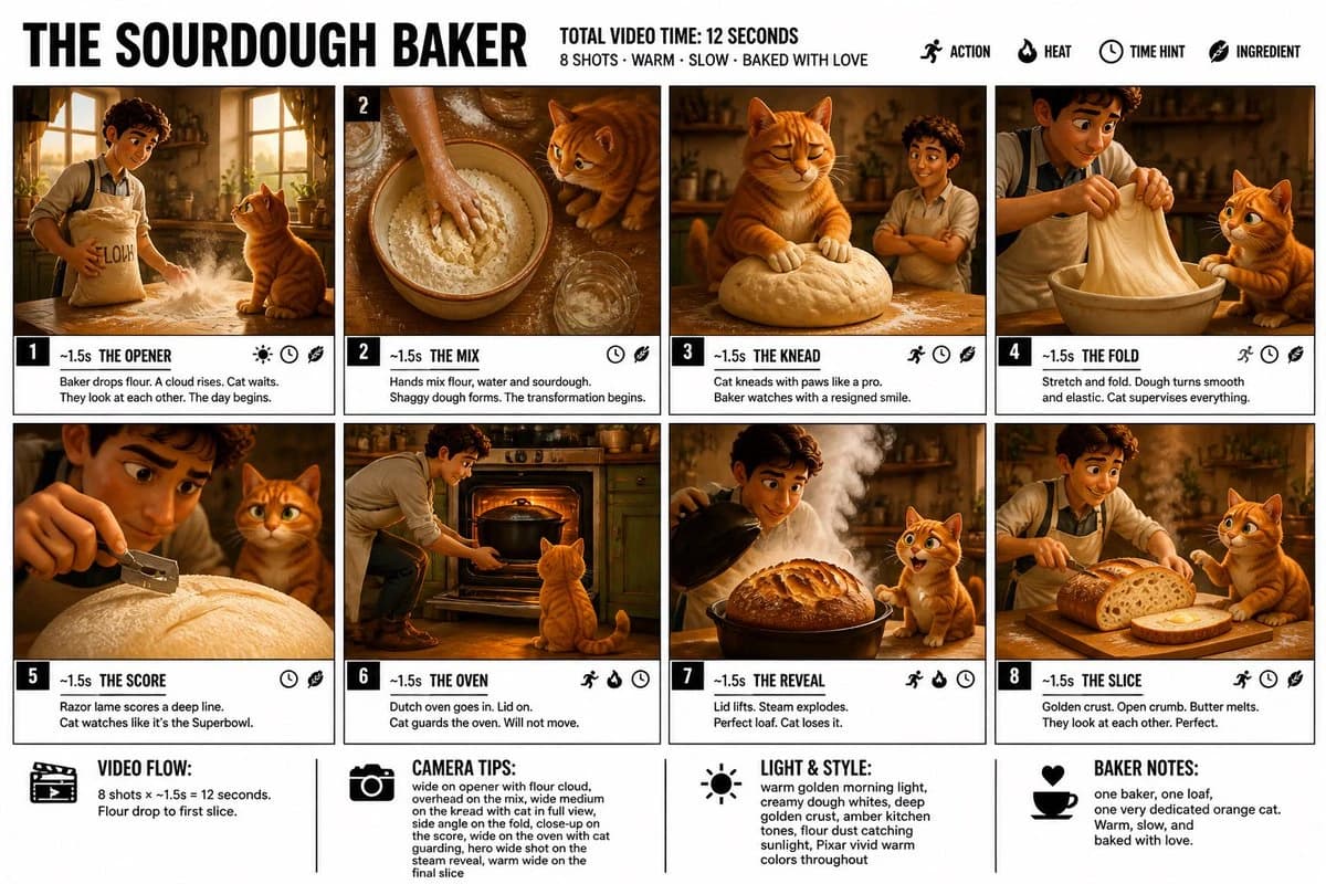 A storyboard infographic for "The Sourdough Baker," featuring a young male baker and a fluffy orange cat in a warm kitchen setting