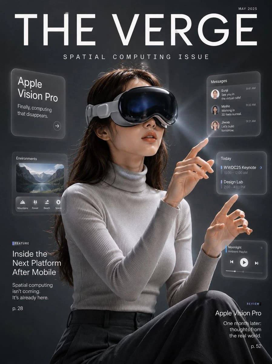 Spatial computing tech magazine cover with sleek headset styling, tailored fashion, and ultra-realistic editorial lighting.