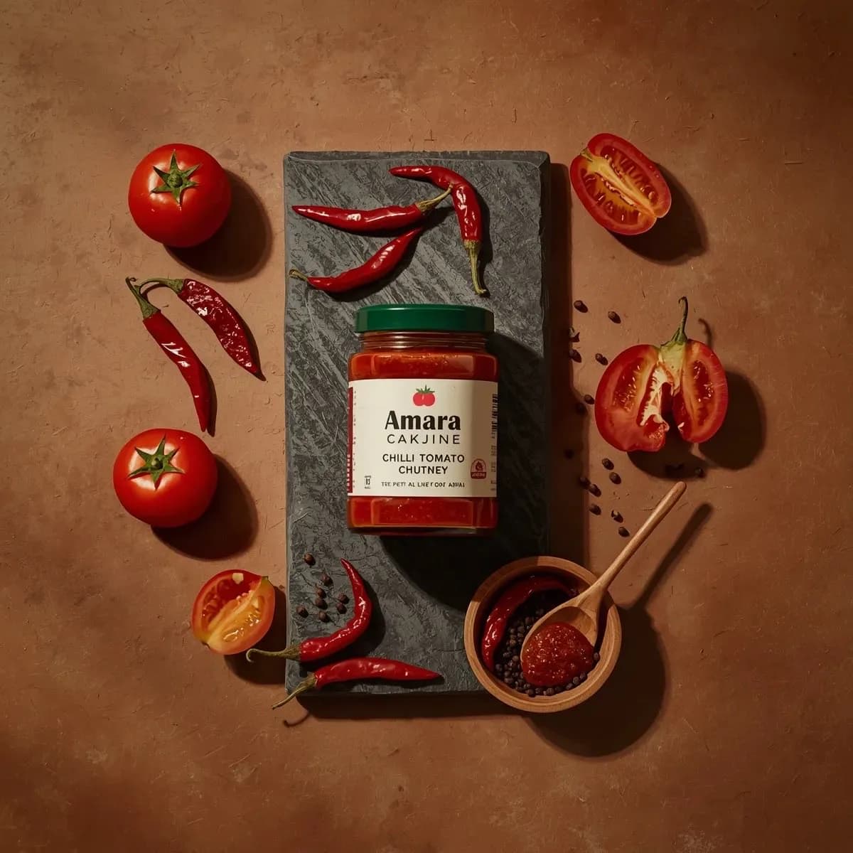 Overhead commercial product photo of tomato chili chutney jar surrounded by tomatoes, red chilies and a wooden spoon on dark stone