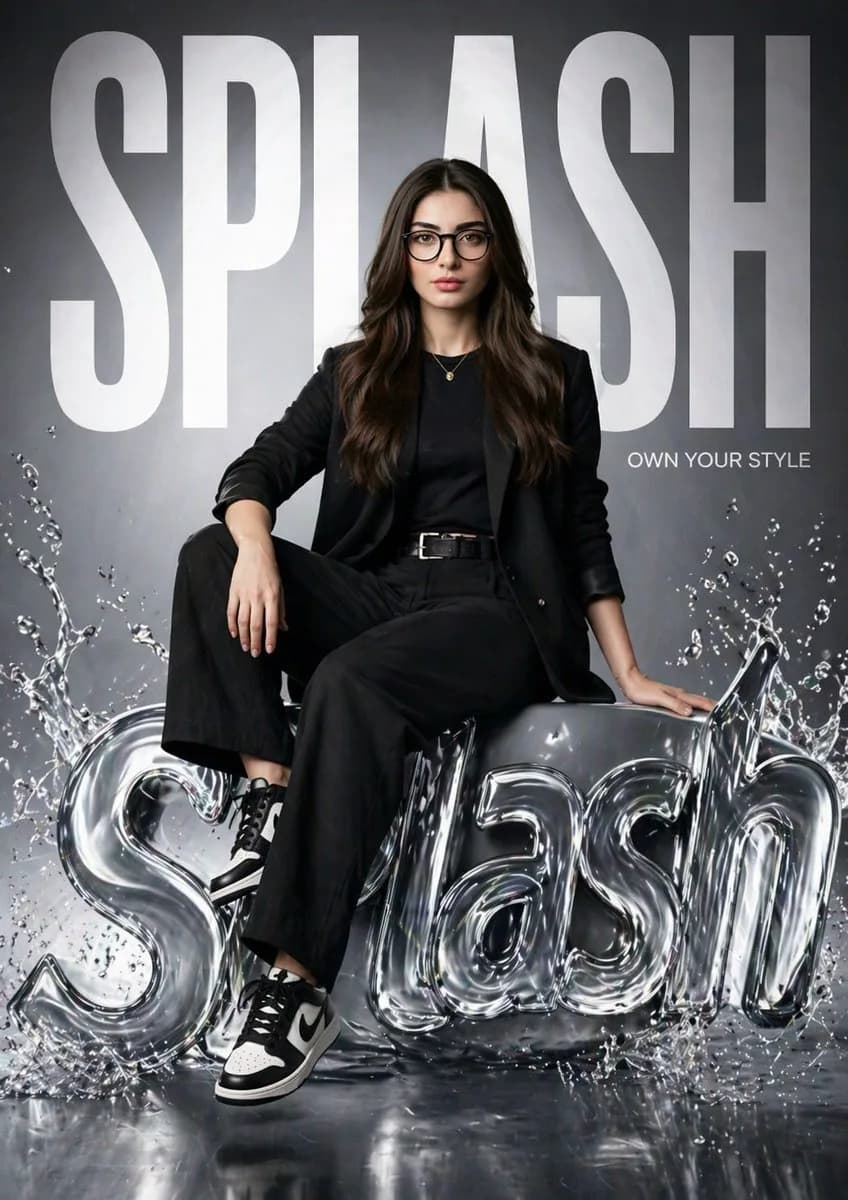 Fashion campaign poster with a woman seated on a glossy liquid SPLASH logo surrounded by water effects