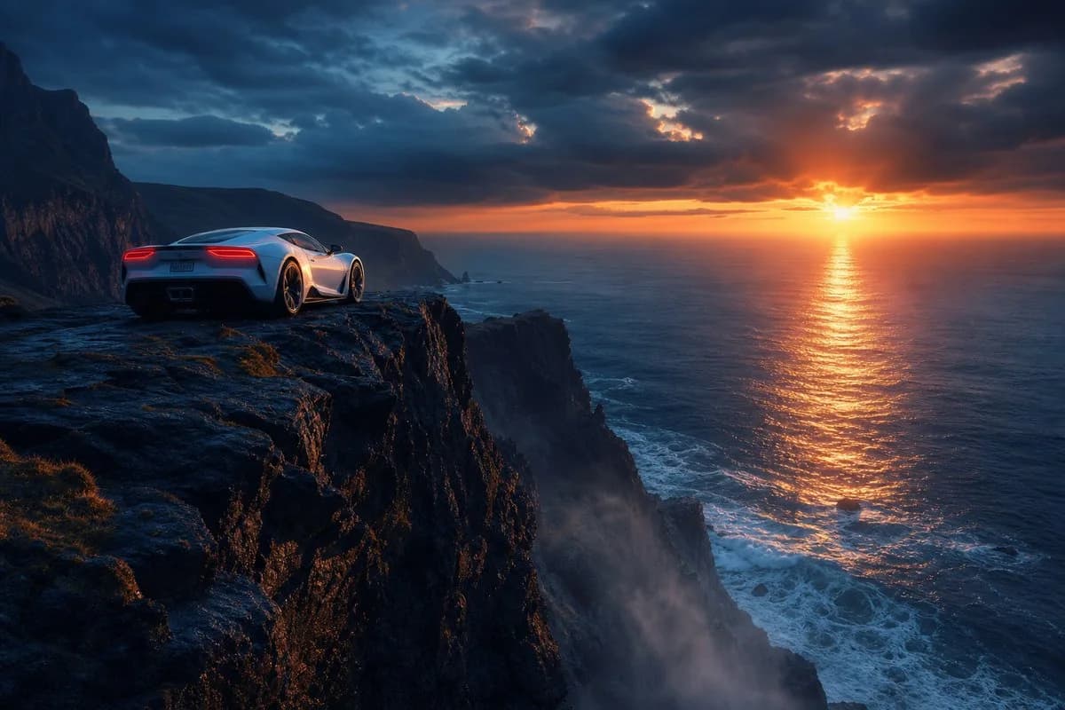 A cinematic photorealistic scene of a luxury sports car parked on a towering coastal cliff above the ocean at sunset