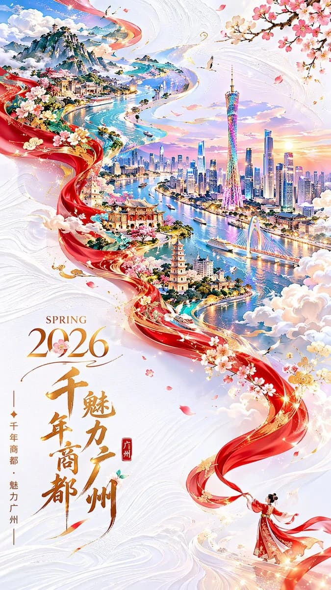 A vibrant poster for Spring 2026 showcases Guangzhou's skyline and landmarks, featuring a flowing red silk ribbon transforming into a mountain river
