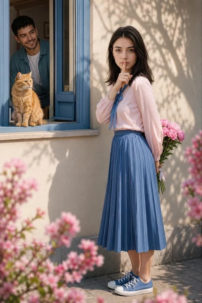 Spring garden portrait scene with a secret gesture, soft flowers, gentle sunlight, and candid romantic framing