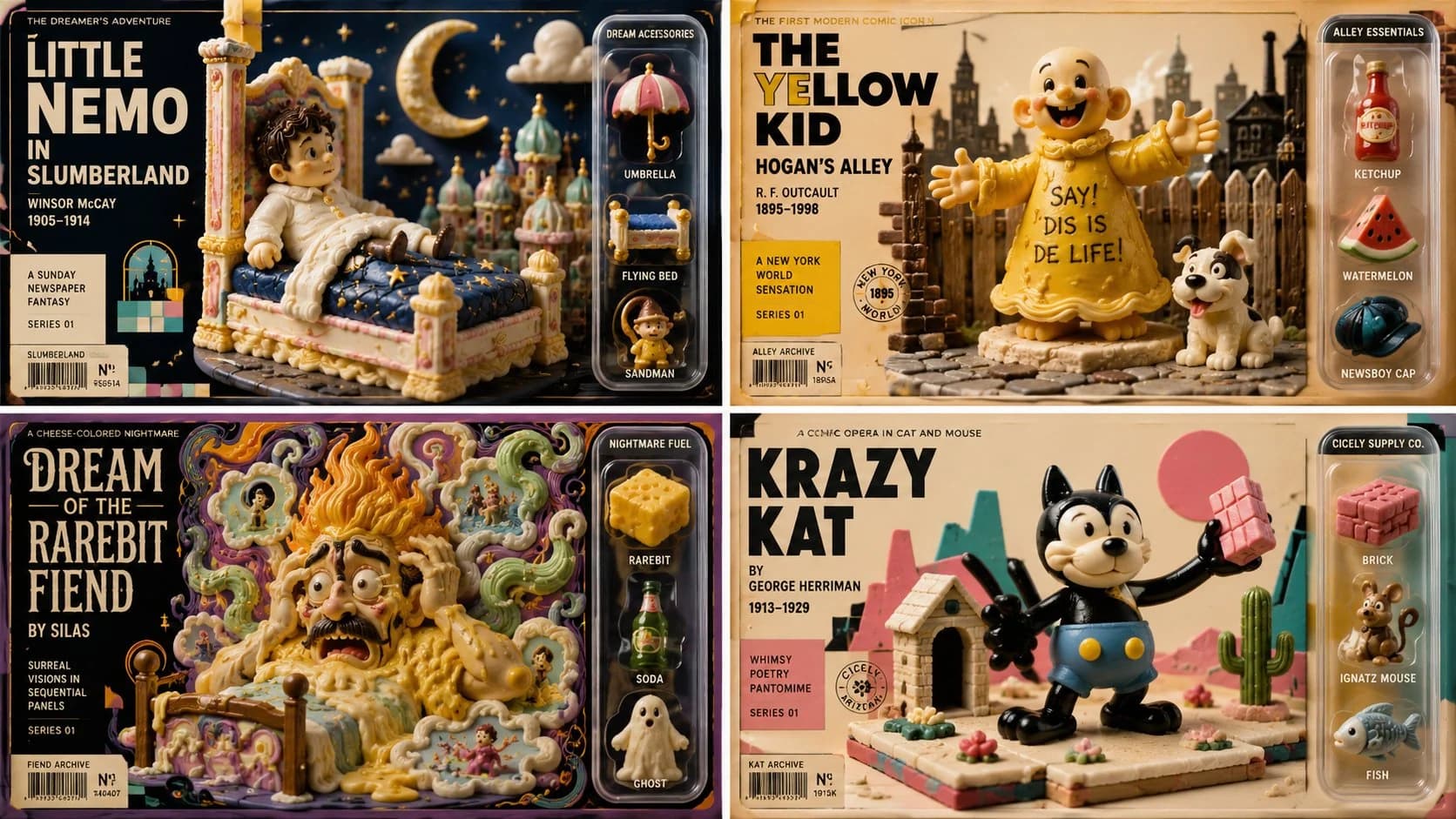 GPT Image 2 prompt example showing a 2x2 collectible toy packaging grid with retro illustrated boxes and blister-pack props