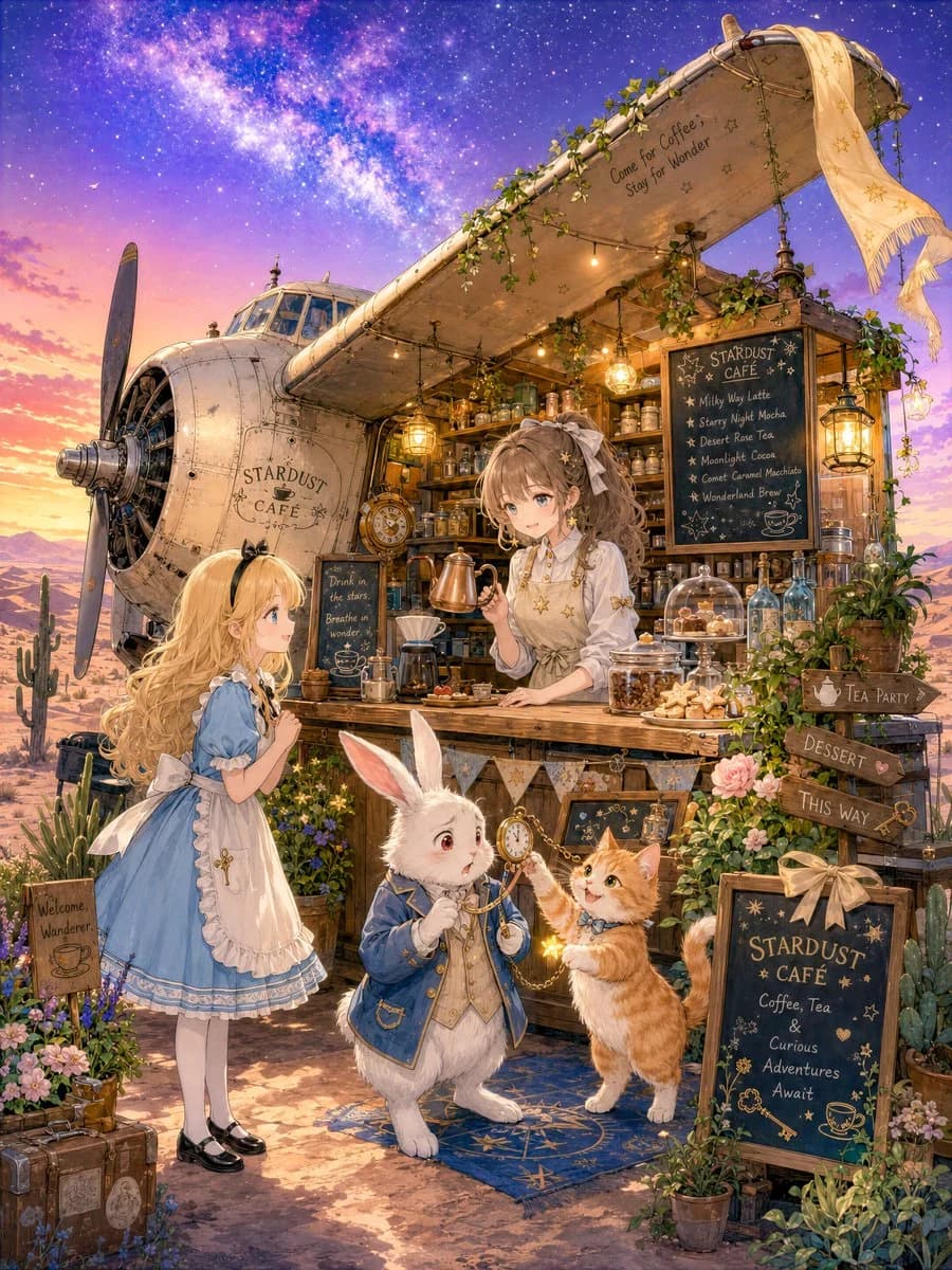 Fantasy anime watercolor scene of a magical cafe built inside a crashed airplane under a Milky Way sky