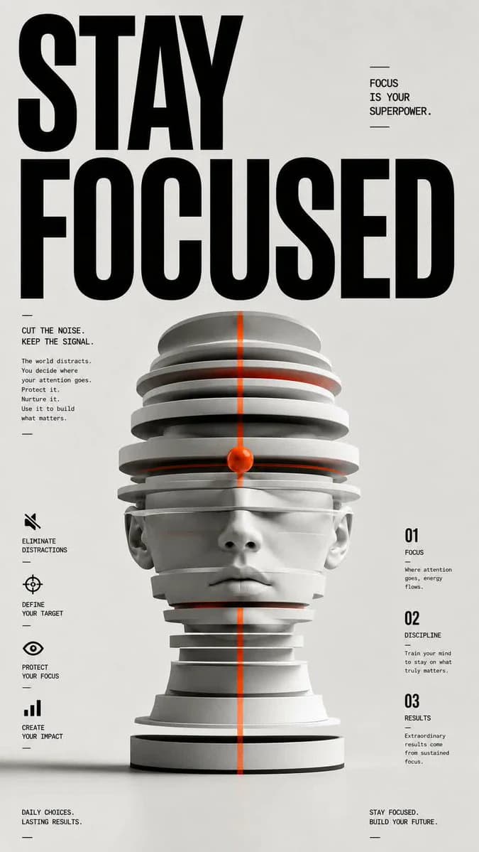 Minimal editorial Stay Focused poster with sculptural central object, bold typography and restrained gray design