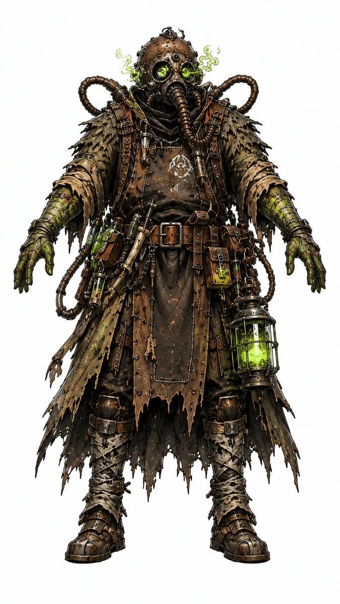 Steampunk plague alchemist character design with mask, layered costume, brass details, and dark fantasy styling.