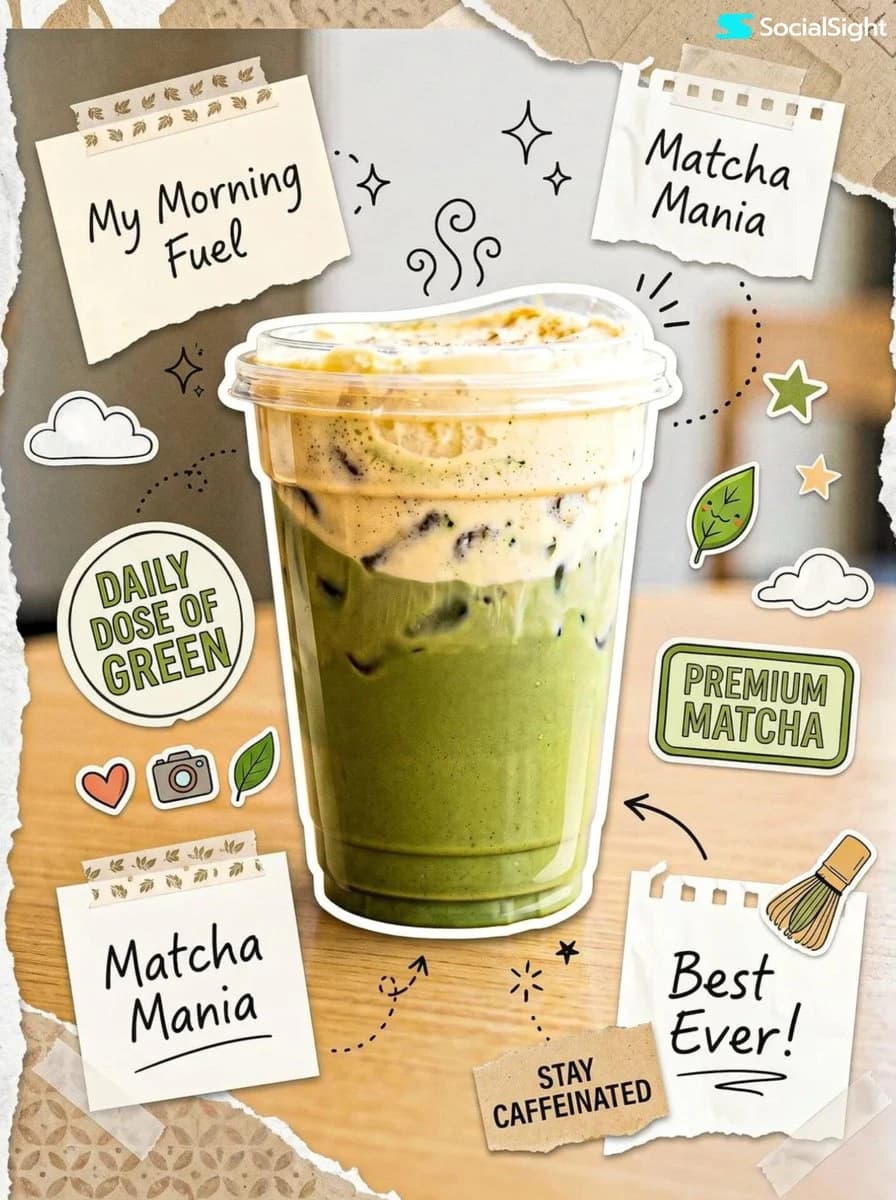 A matcha drink is surrounded by playful sticker elements, including doodles and notes, creating a scrapbook-style collage