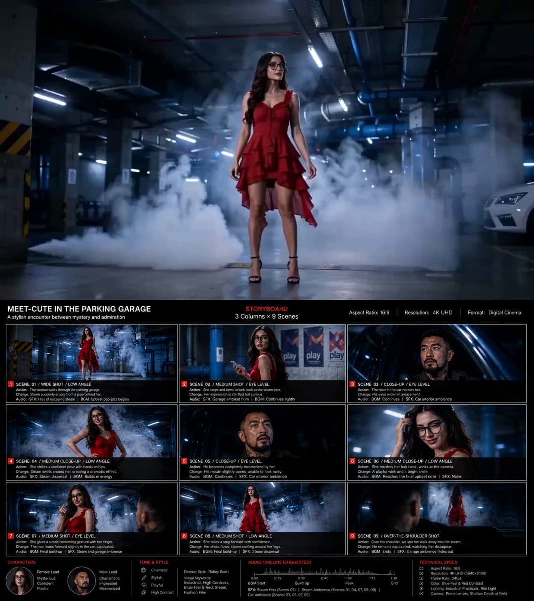 A woman in a red dress stands confidently in a foggy parking garage.