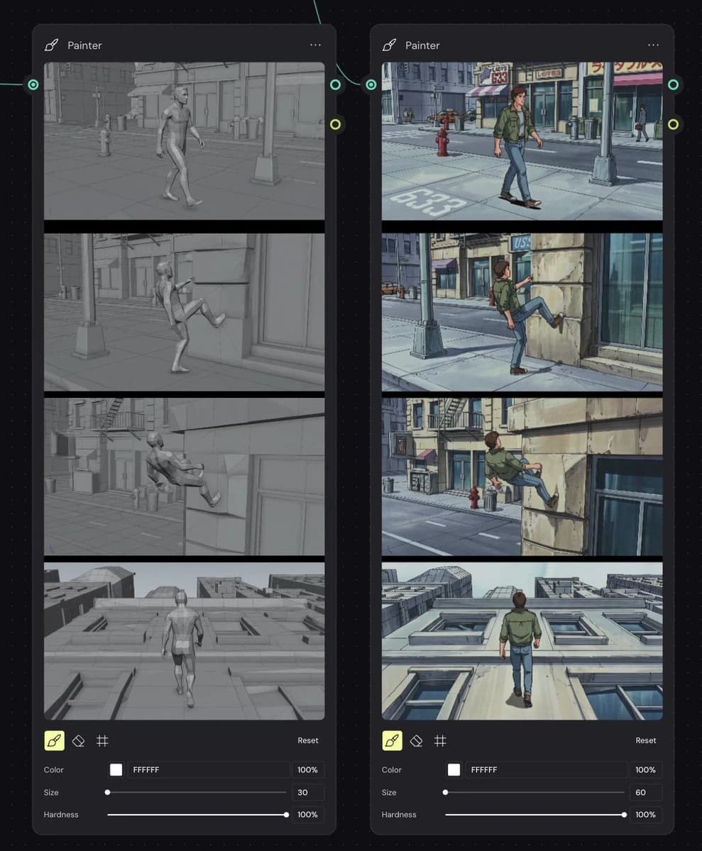 Dark node-based workflow UI comparing grayscale 3D storyboard frames with anime re-rendered panels