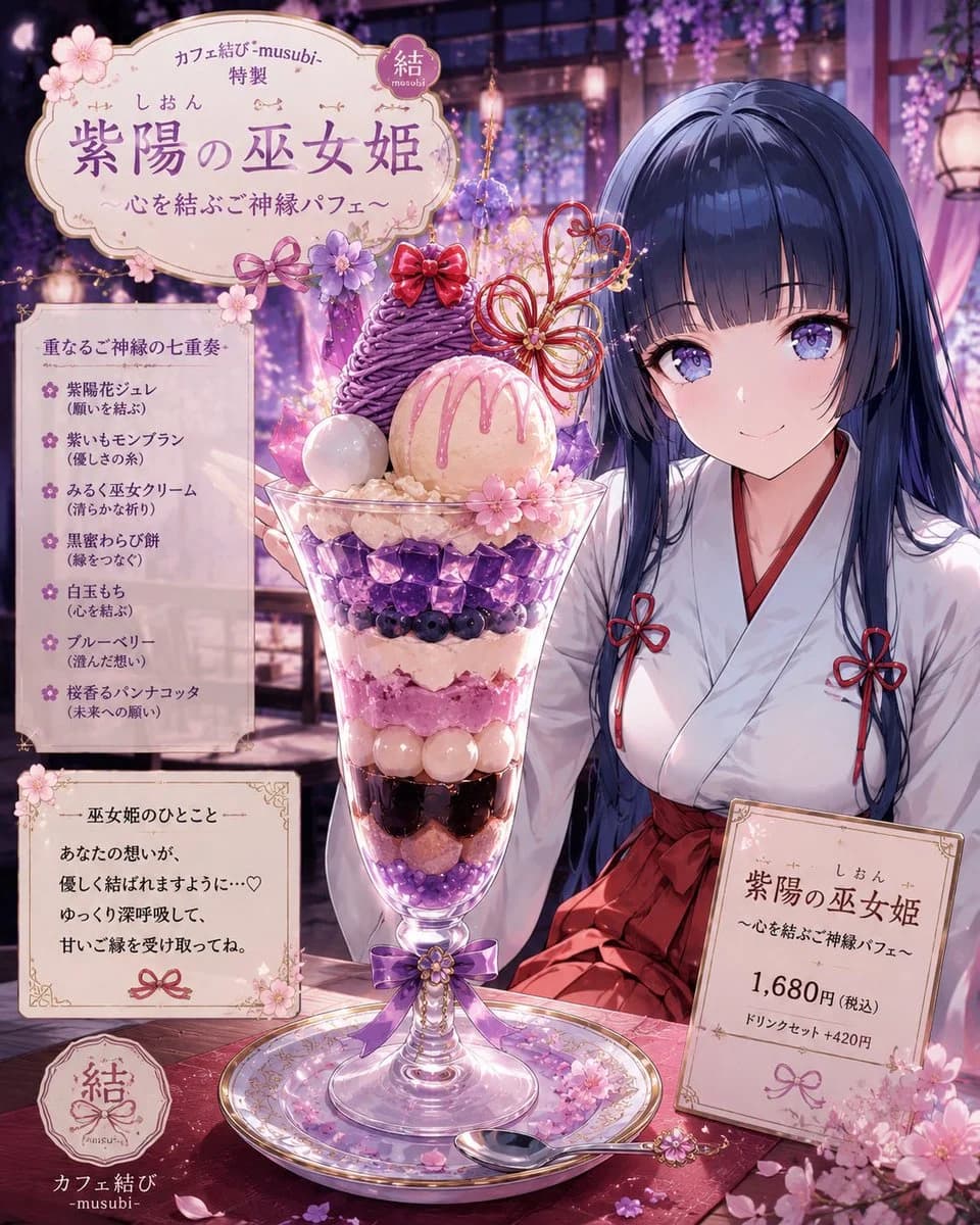 A luxurious fantasy parfait illustration in storybook style, with layered cream, fruit, flowers, sweets, and ornate glass detail