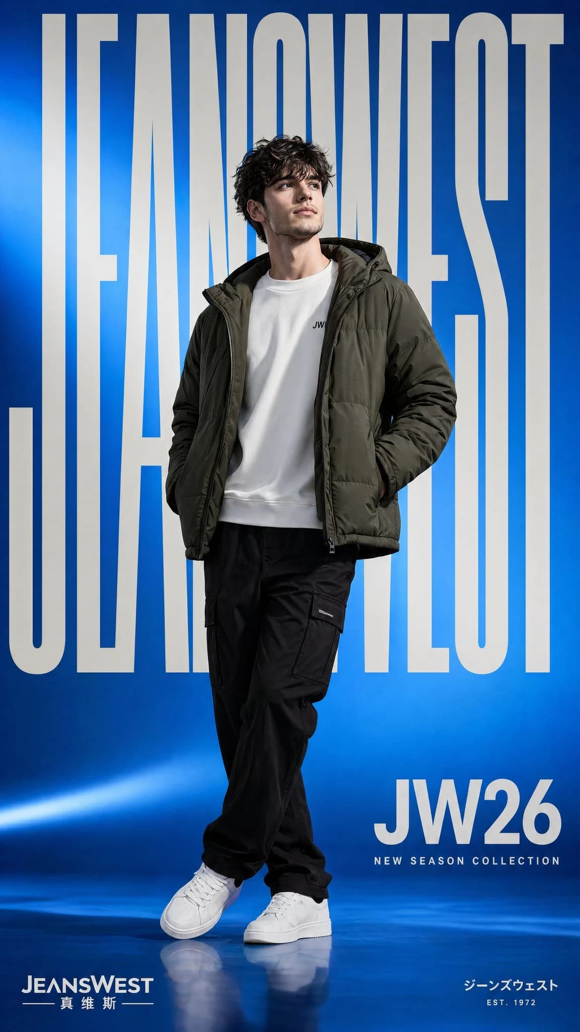 A young male model poses in a green jacket, black cargo trousers, and white sneakers against a blue backdrop with bold text.