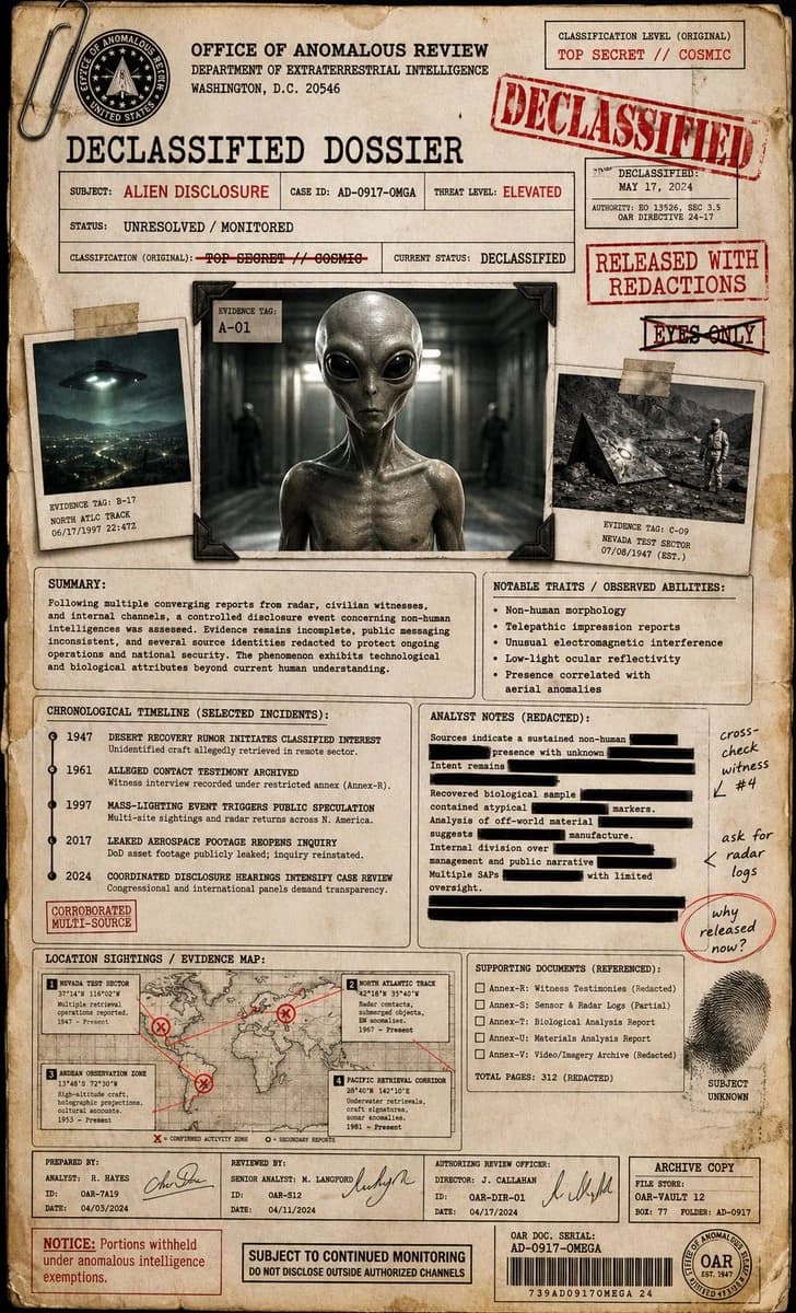 A declassified dossier with an alien figure and various notes on extraterrestrial intelligence.