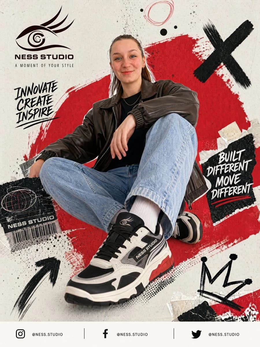 A seated streetwear model extends oversized sneakers toward the camera against an off-white backdrop with red accents