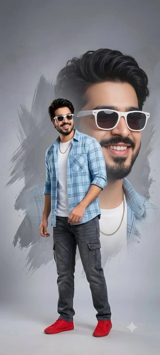 Vertical fashion poster with a full-body man and oversized painted double-exposure portrait behind him