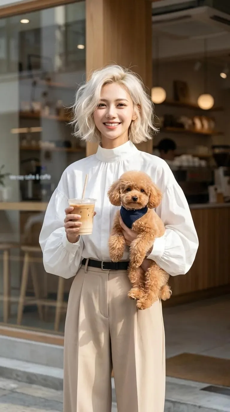 Stylish Woman Outside Cozy Café Portrait showing an editorial portrait subject with styled wardrobe, lighting and background detail