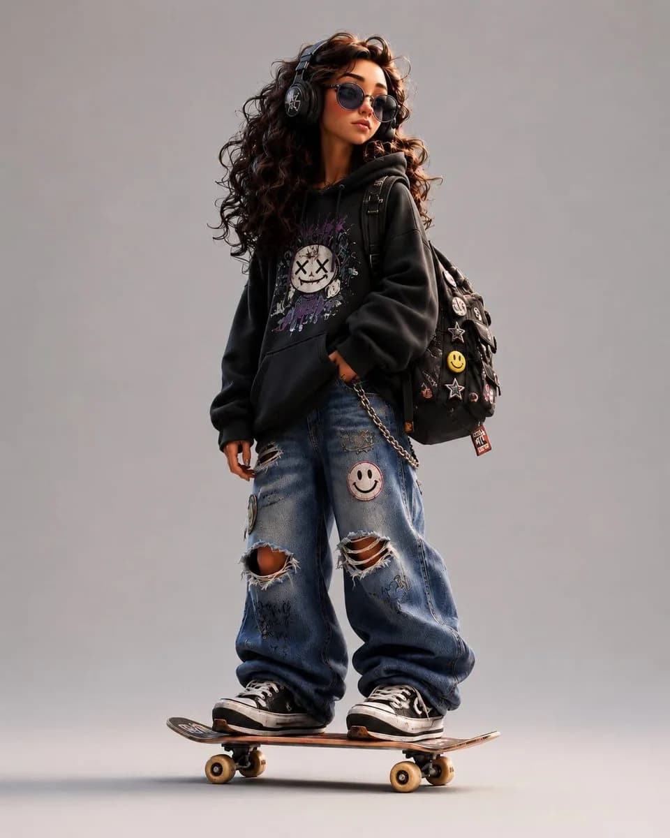 Stylized 3D skater stands in oversized ripped jeans, a black jacket and graphic patches against a plain studio backdrop