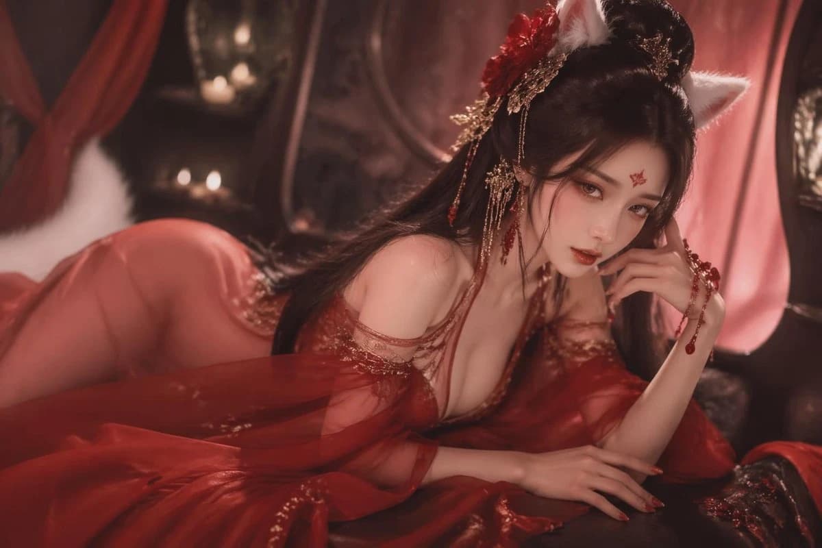 A woman in a semi-transparent red garment poses elegantly, adorned with fox ears and intricate accessories against a softly lit backdrop