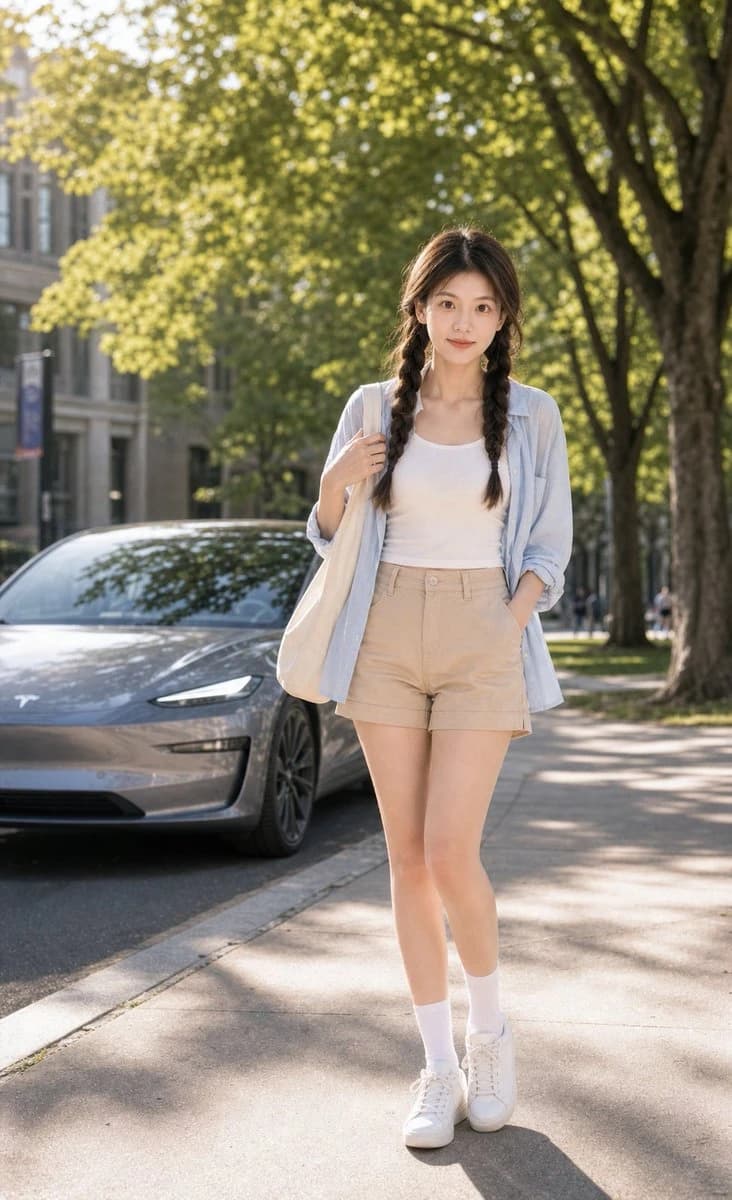 An adult East Asian female model in a casual outfit stands on a sunny university campus walkway beside a Tesla, surrounded by vibrant greenery