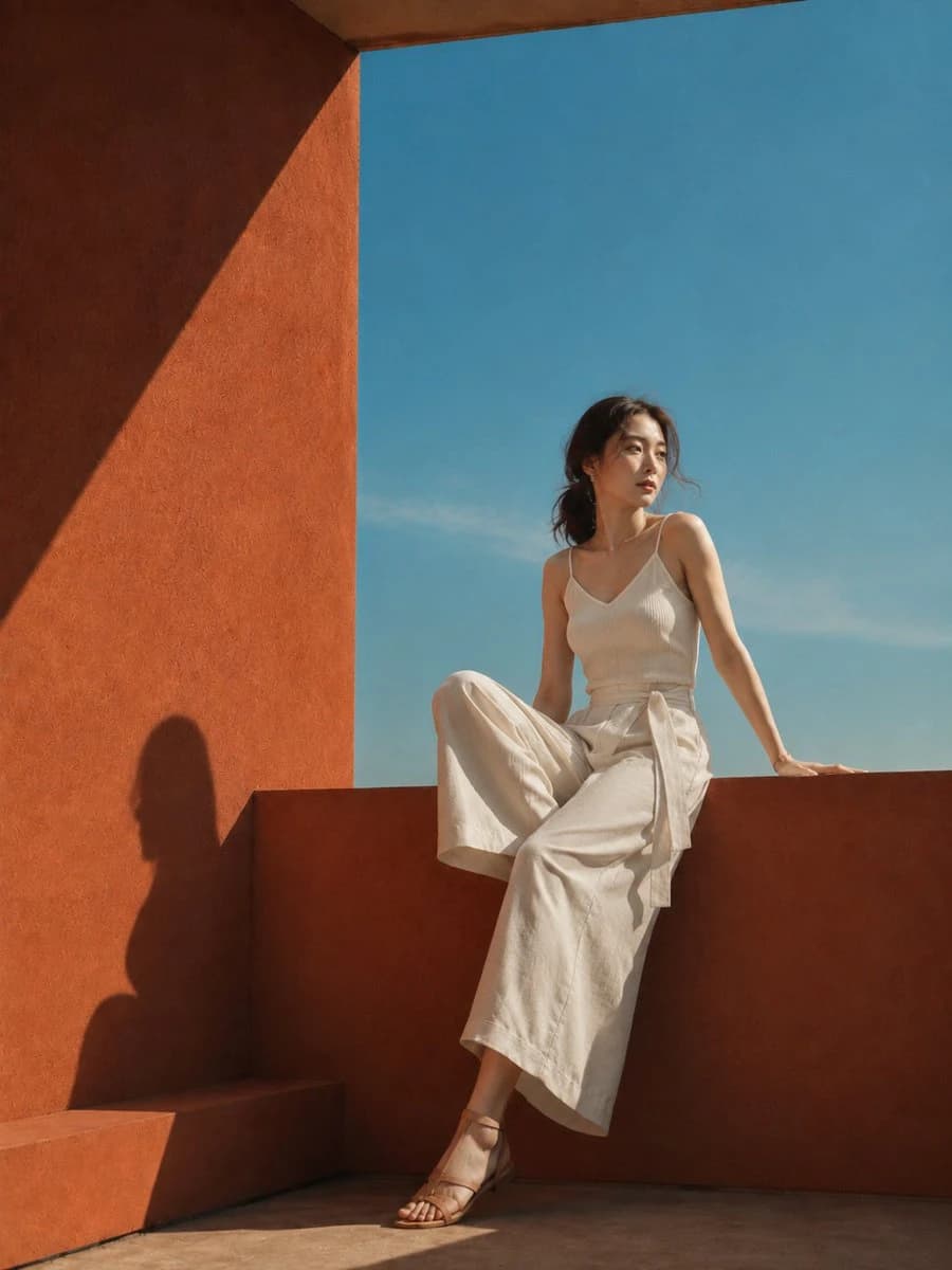 Summer fashion portrait of a woman in white seated beside a terracotta wall and blue sky