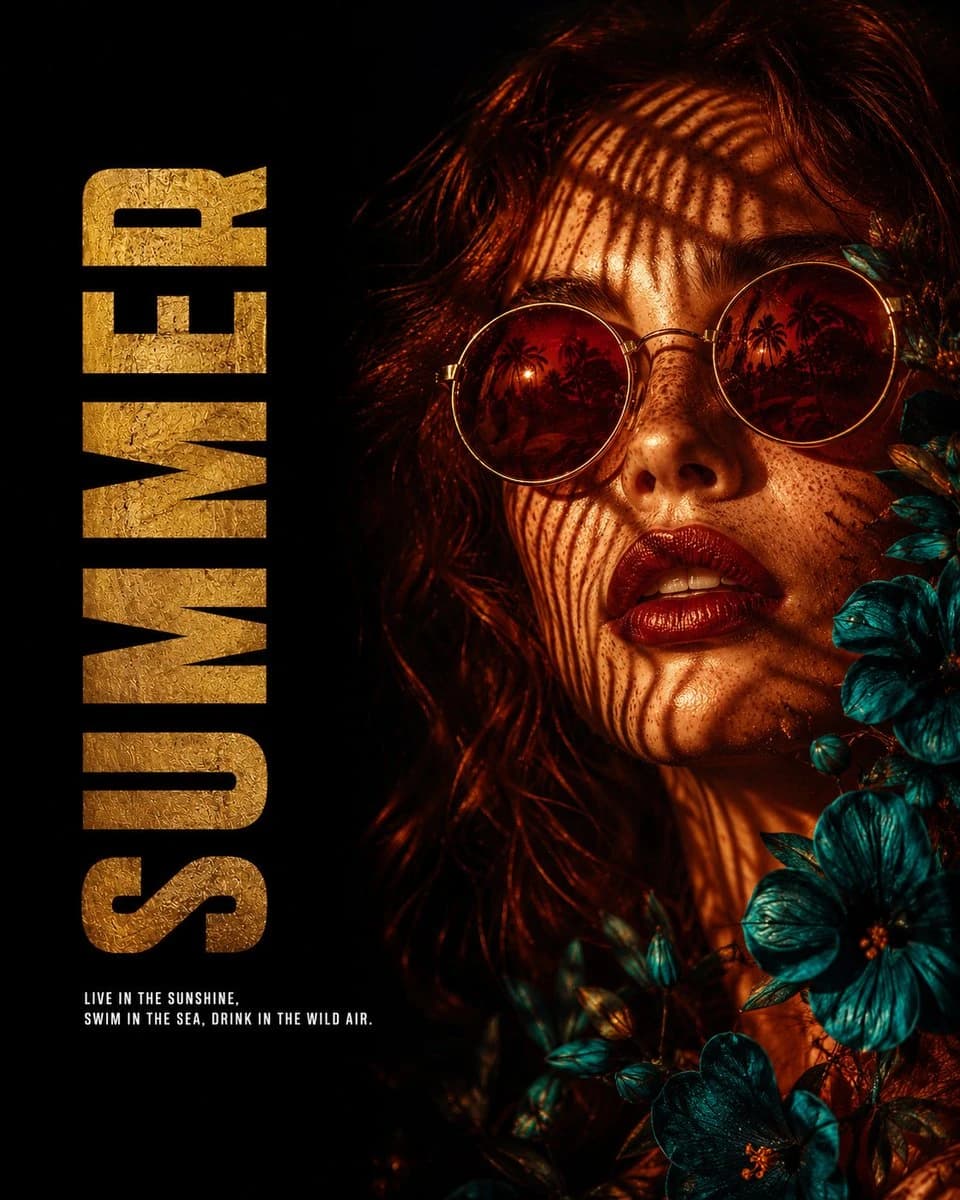 Summer heat editorial poster with red-tinted sunglasses, palm shadows, teal flowers, and warm cinematic color grading.