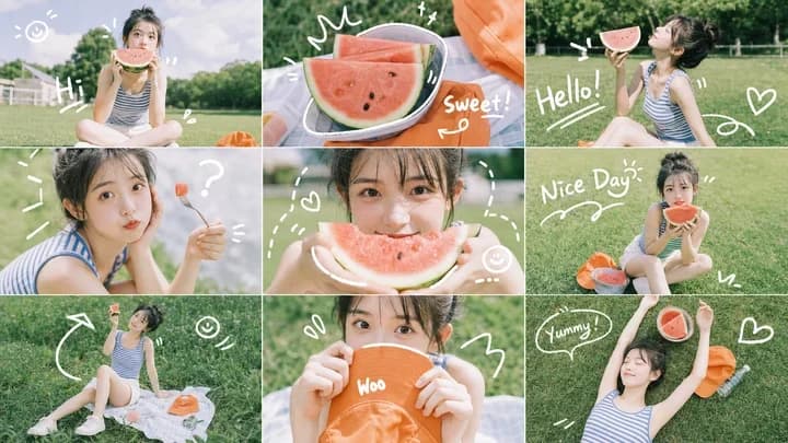 Summer watermelon doodle collage with playful hand-drawn stickers, fruit details, and bright social post layout