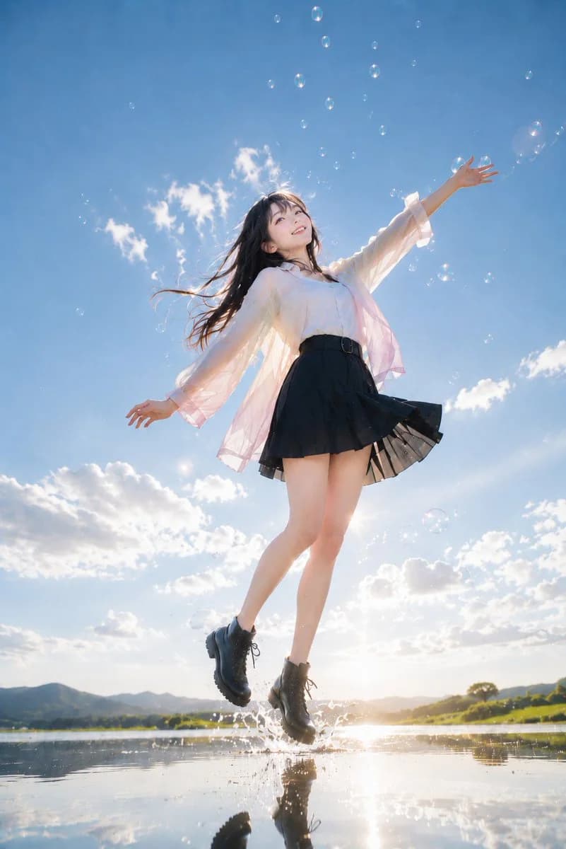 A young woman joyfully leaps into a sunlit lakeside, surrounded by bubbles and reflecting water, wearing a flowing top and skirt.