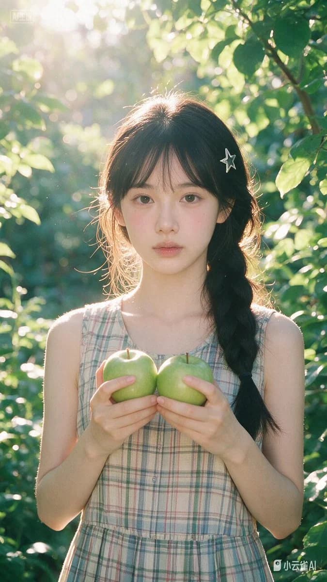 Young woman holding apples in a sunlit orchard with soft golden foliage