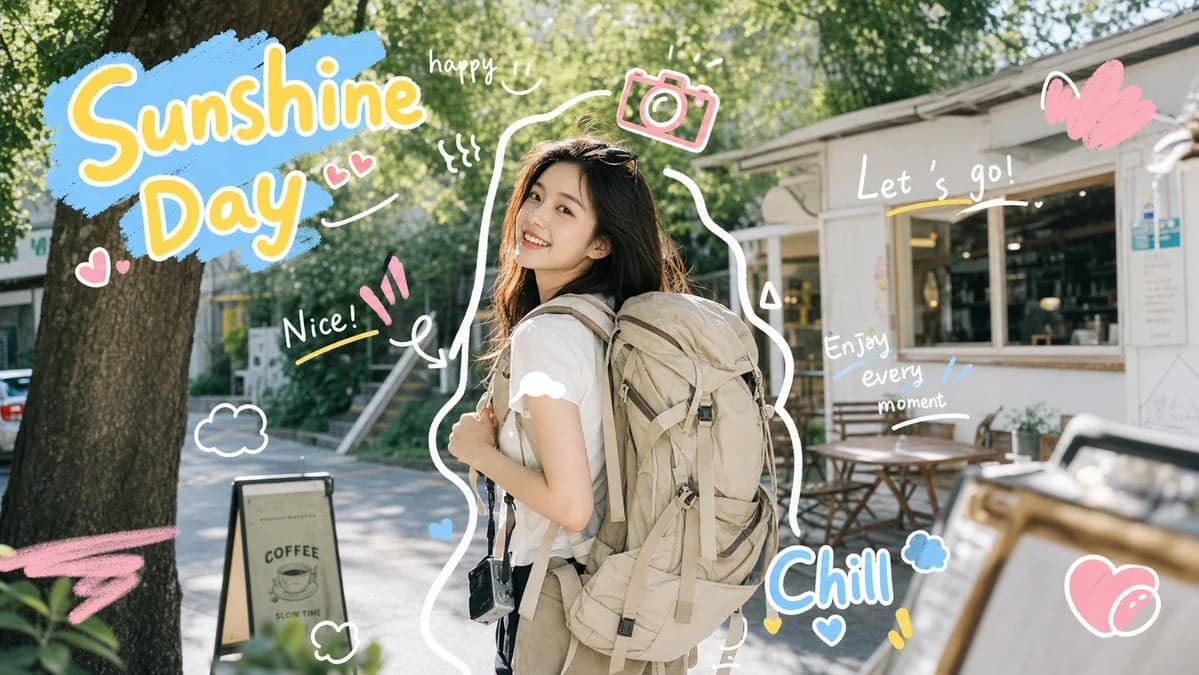Sunny travel photo with colorful hand-drawn sticker overlays