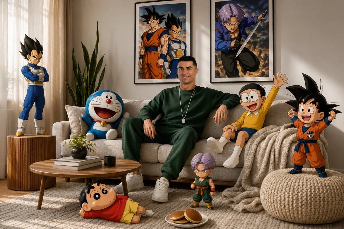 Surreal living room scene blending an anime figure with realistic interior photography and mixed-media composition.