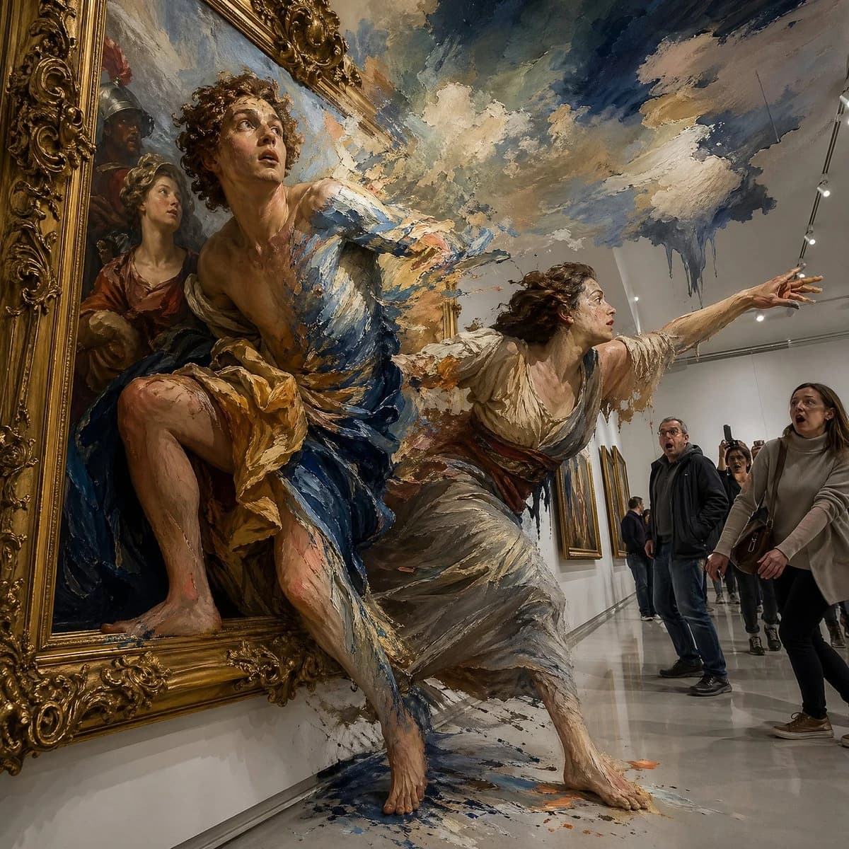 Figures from a Baroque painting emerge into a modern gallery, blending 2D and 3D elements, while shocked visitors react in awe