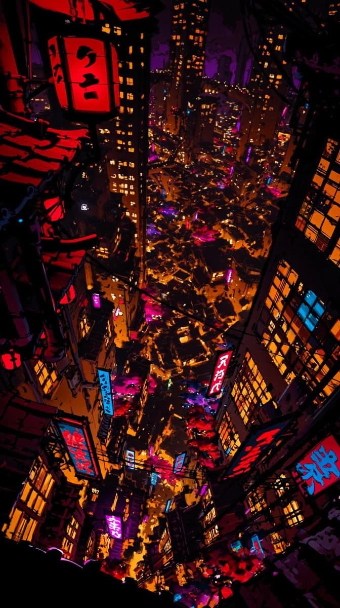 A vibrant, surreal Japanese futuristic cityscape filled with neon lights, towering skyscrapers, and intricate street details depicting urban life