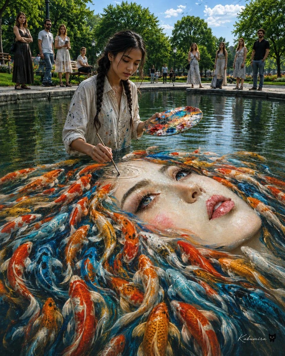 Surreal Koi Pond Portrait Artist with a scroll-ready composition, expressive subject and cinematic social post styling