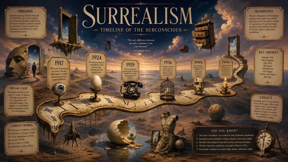 Surrealism history timeline poster combining museum-style chronology, art references and editorial infographic layout