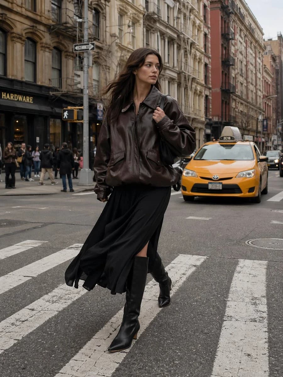 A young woman in a chocolate-brown leather jacket and black skirt strides confidently across a city crosswalk, with a yellow taxi in the background