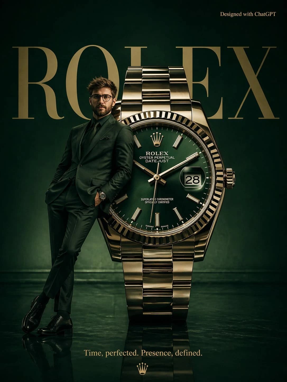 A massive Rolex watch stands as a monument in a deep emerald green studio, while a male model in a matching suit leans against it