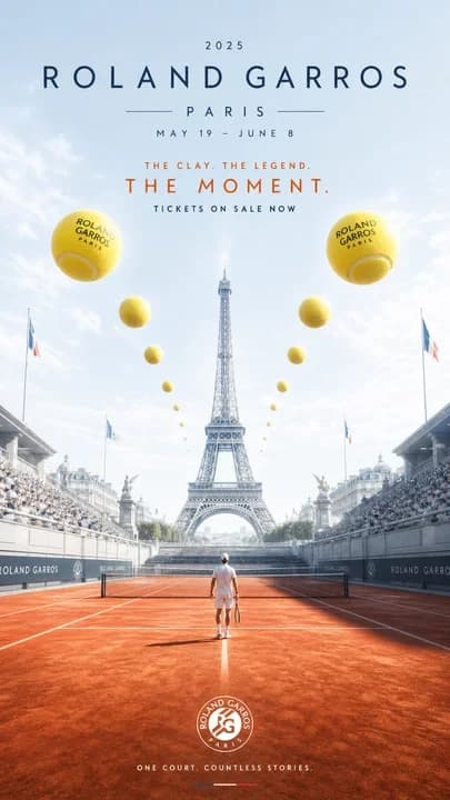 Symmetrical Roland Garros poster with Paris architecture and a clay tennis court