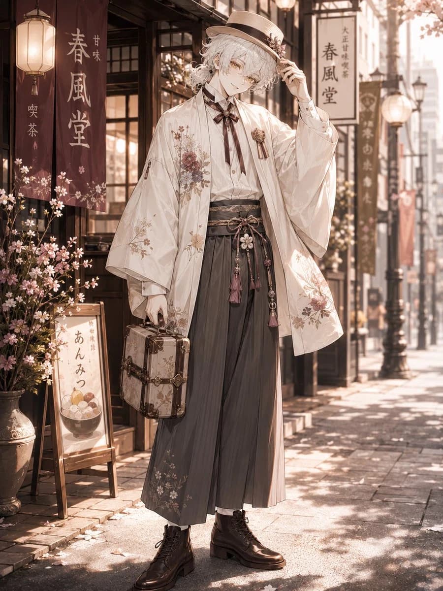 Taisho-era spring cafe anime boy portrait with soft retro colors, dessert setting, and gentle character styling