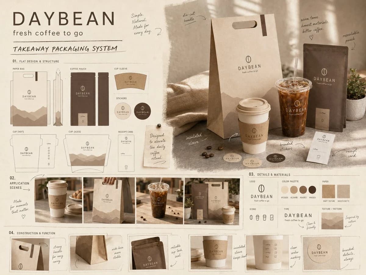 Brand proposal board for a takeaway packaging system, showing coordinated containers, labels, colors, and presentation layout.