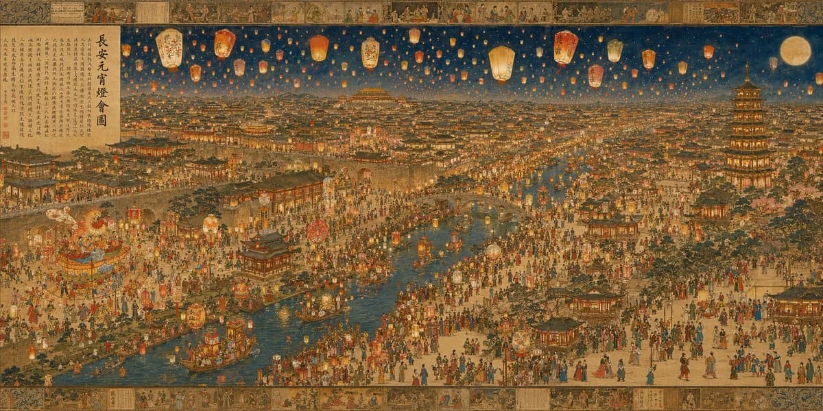 A vibrant panorama of the Tang Dynasty Chang'an Lantern Festival, showcasing thousands of lanterns illuminating a bustling riverside celebration