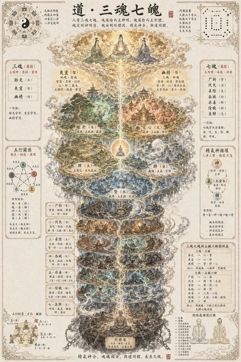 A vertical Taoist infographic poster features a glowing spiritual axis, three seated immortals in a celestial realm, and a multi-layered cosmological diagram