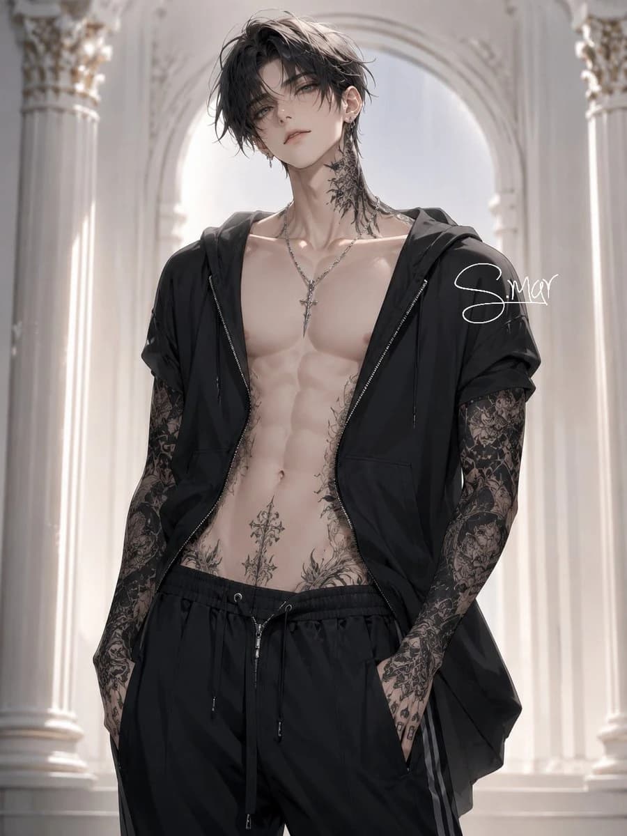 Tattooed anime man in an open black jacket standing inside an ornate white marble hall