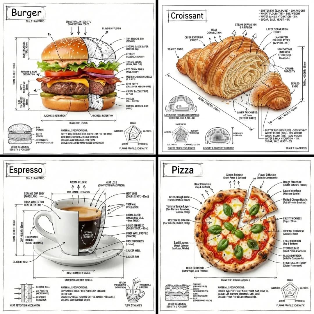 Technical food annotation grid shows burgers, croissants, espresso and pizza with black sketch labels and measurement callouts