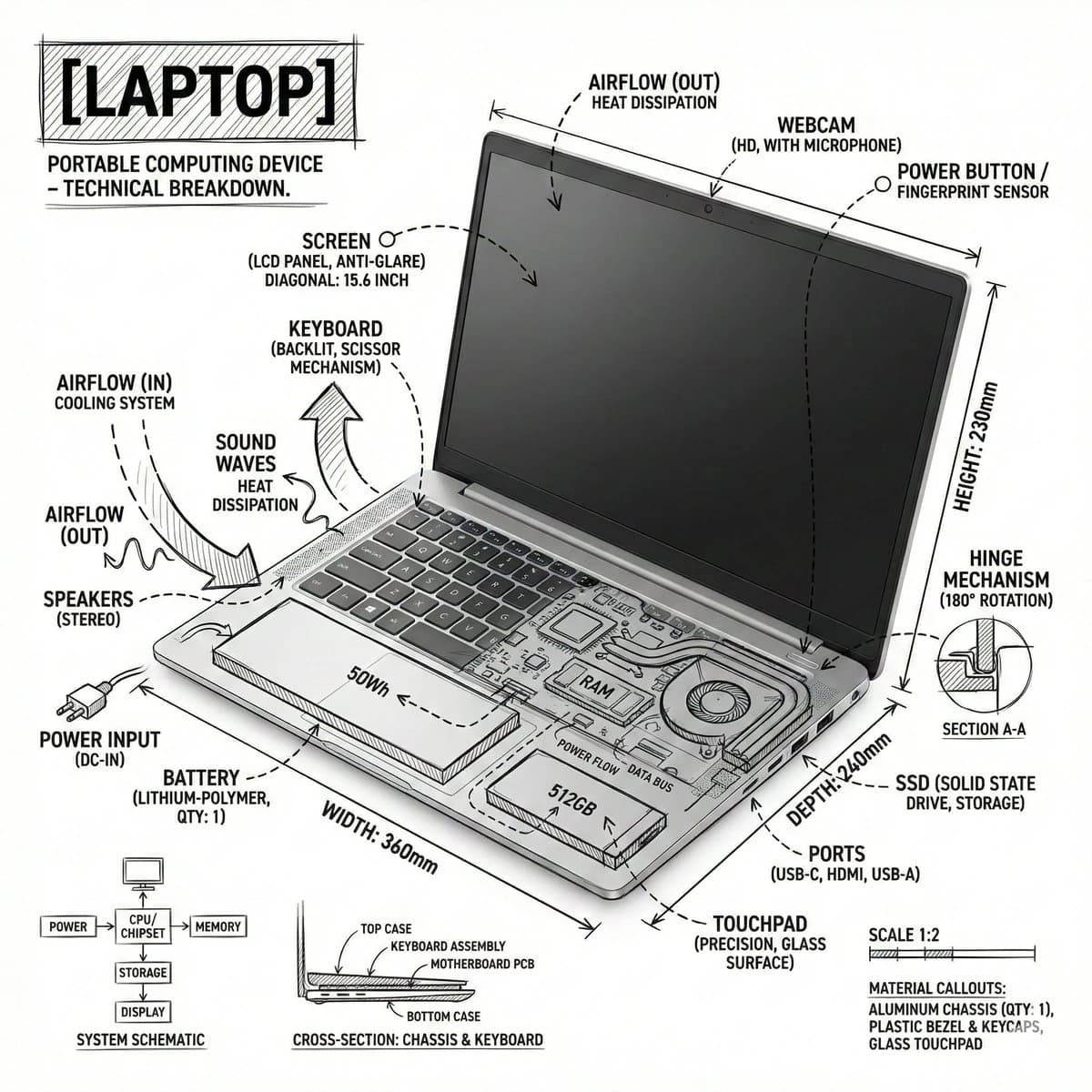 Technical Laptop Infographic Illustration with structured visual hierarchy, readable details and polished educational layout