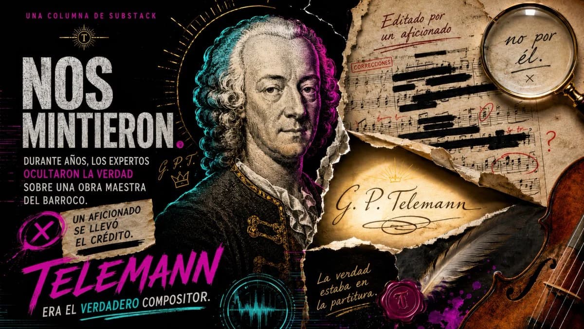Telemann Baroque Scandal Poster with bold thumbnail composition, strong focal subject and high-contrast visual hook