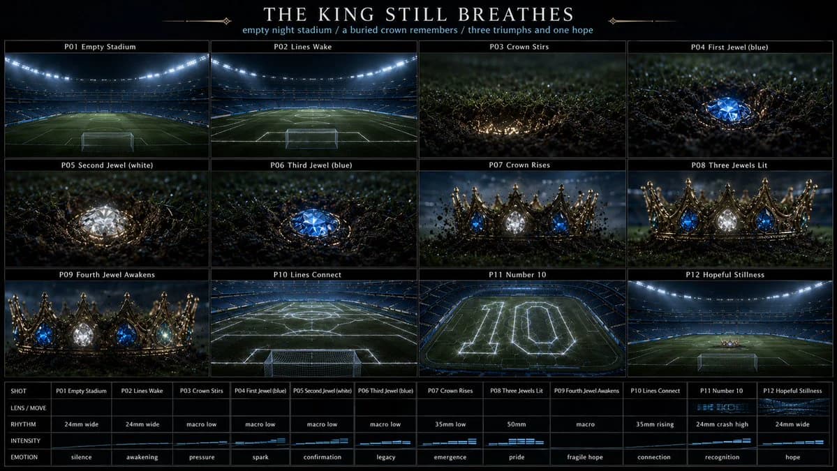 Sports masthead storyboard for The King Still Breathes with symbolic crown, stadium panels and Argentina-blue editorial layout