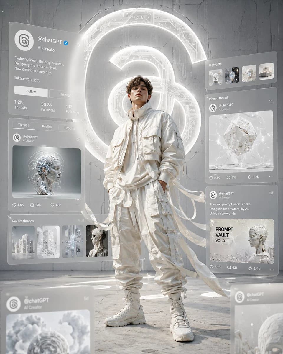 Monochrome techwear artwork inspired by Threads branding, with a centered fashion model and clean white editorial styling.