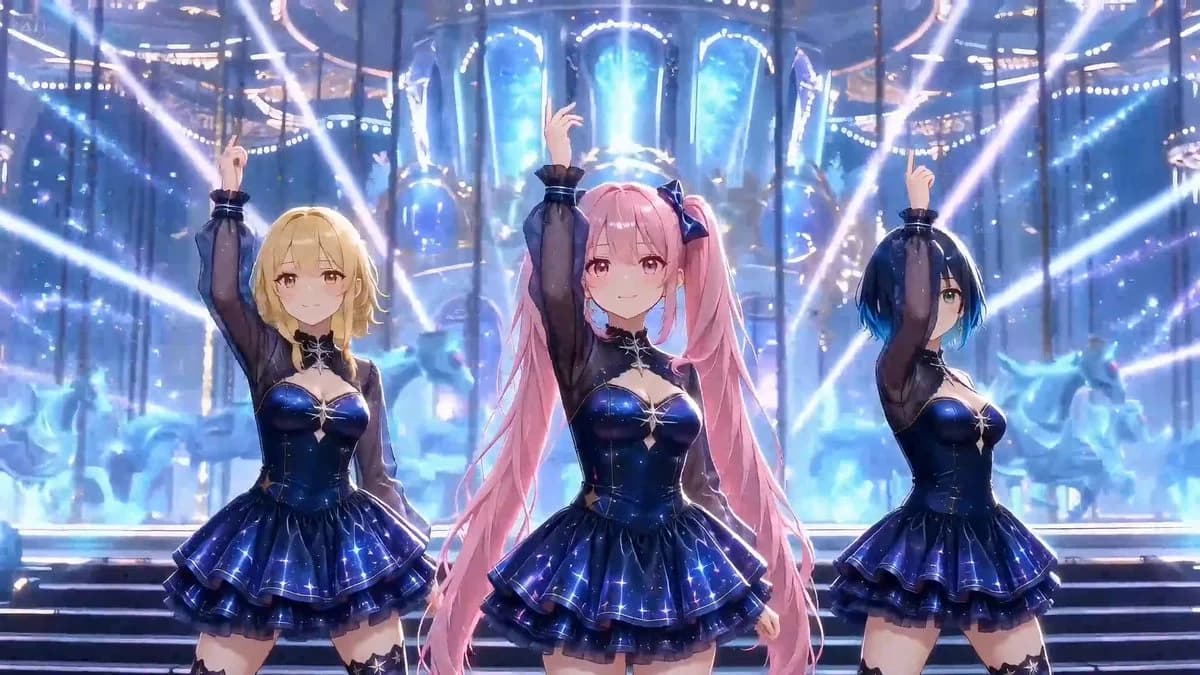 Three virtual pop idols perform synchronized choreography on a holographic stage, with one arm raised and smiling confidently.